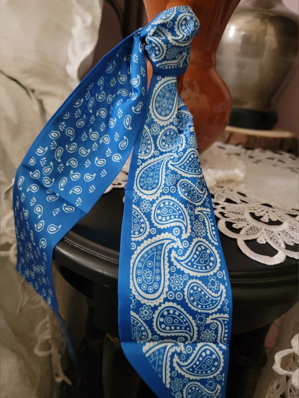 Blue Paisley & Polka Dot Hair Scarf Bow Twilly